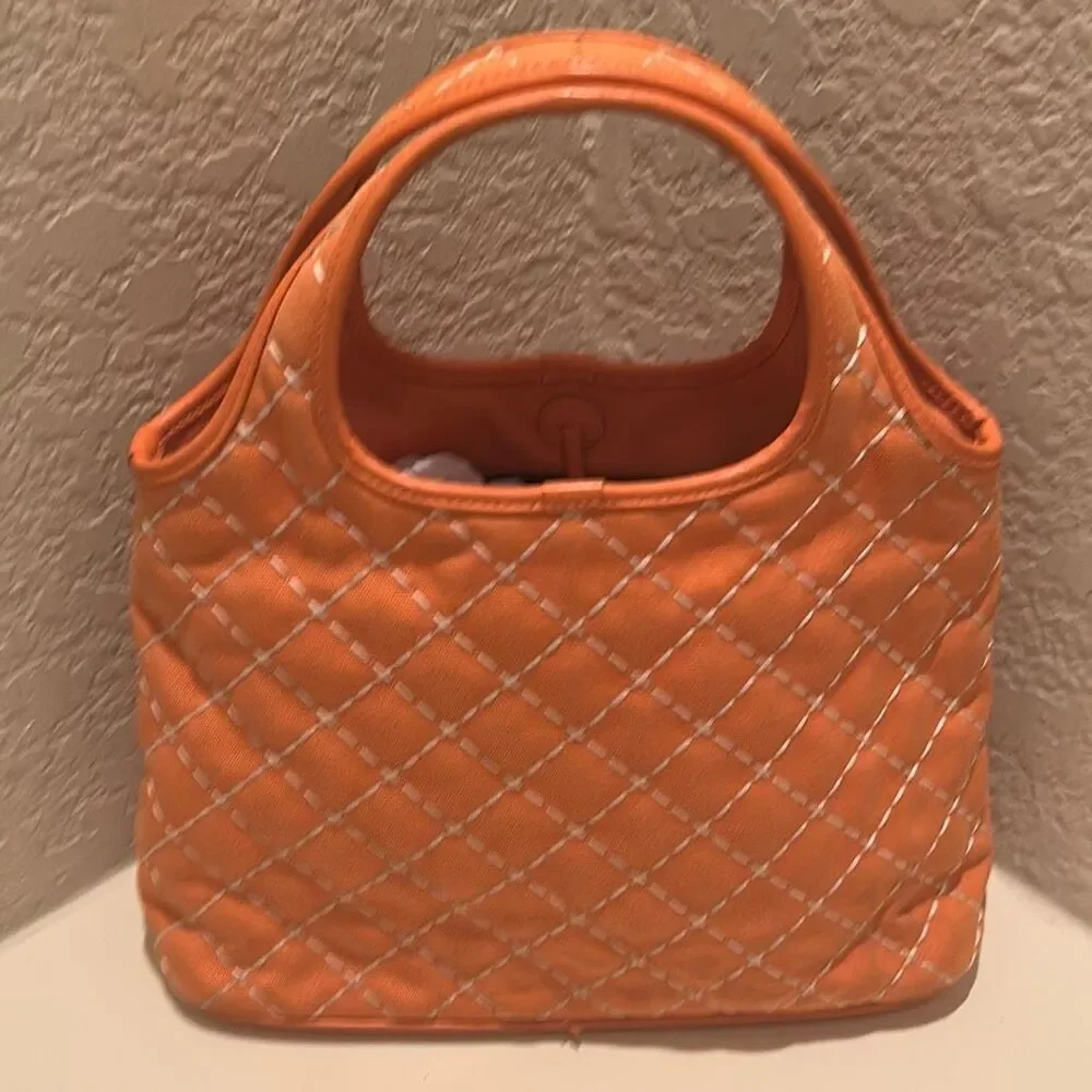Salvatore Ferragamo Quilted Tote Bag Coral Orange With White Contrast Stitch